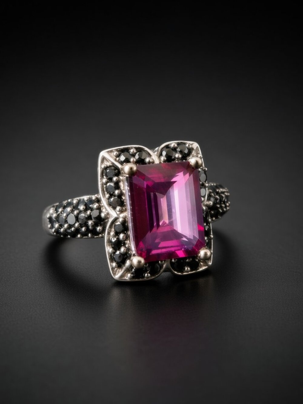 STS 925 Ring Sterling Silver Emerald Cut Light Purple and Black Gemstone Halo